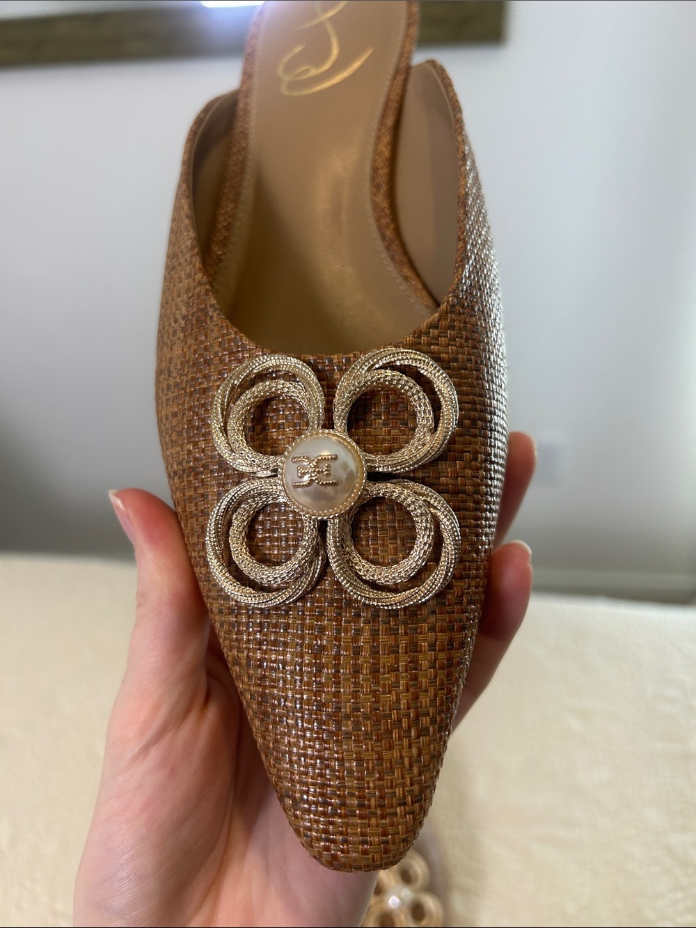Sam Edelman Brown Woven Pointed Mules with Pearl Flower - Picture 5 of 7